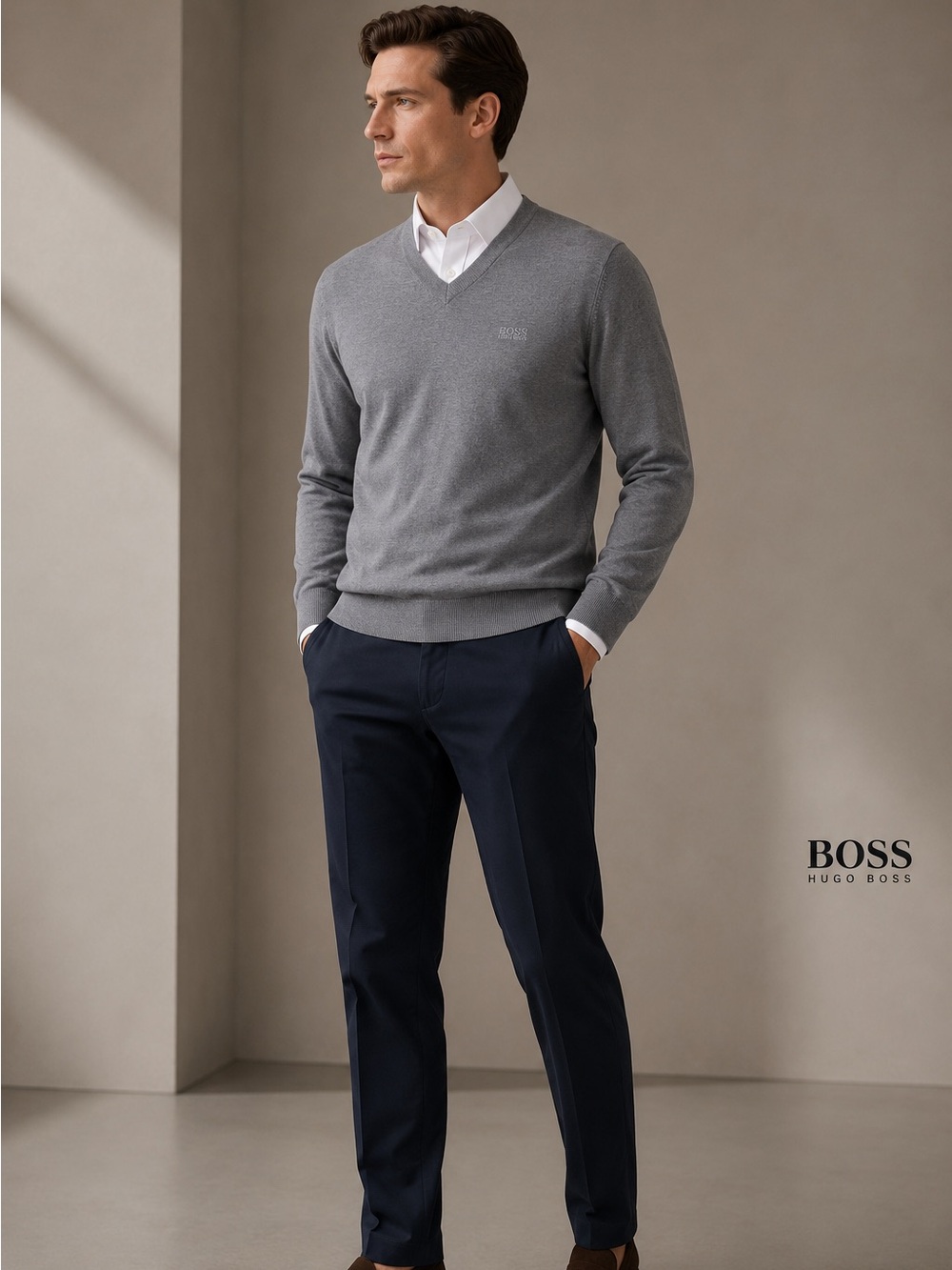 Hugo Boss Men’s V-Neck Wool Blend Heather Gray Sweater NWT Size S Regular Fit